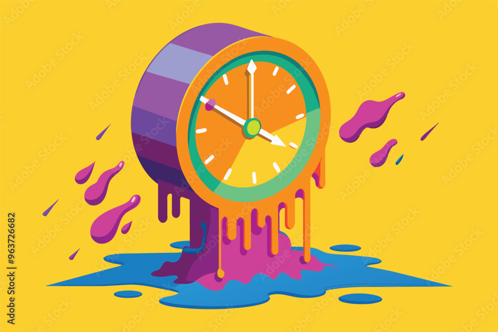 Poster melting clock design with vibrant colors representing the concept of time distortion and fluidity ag