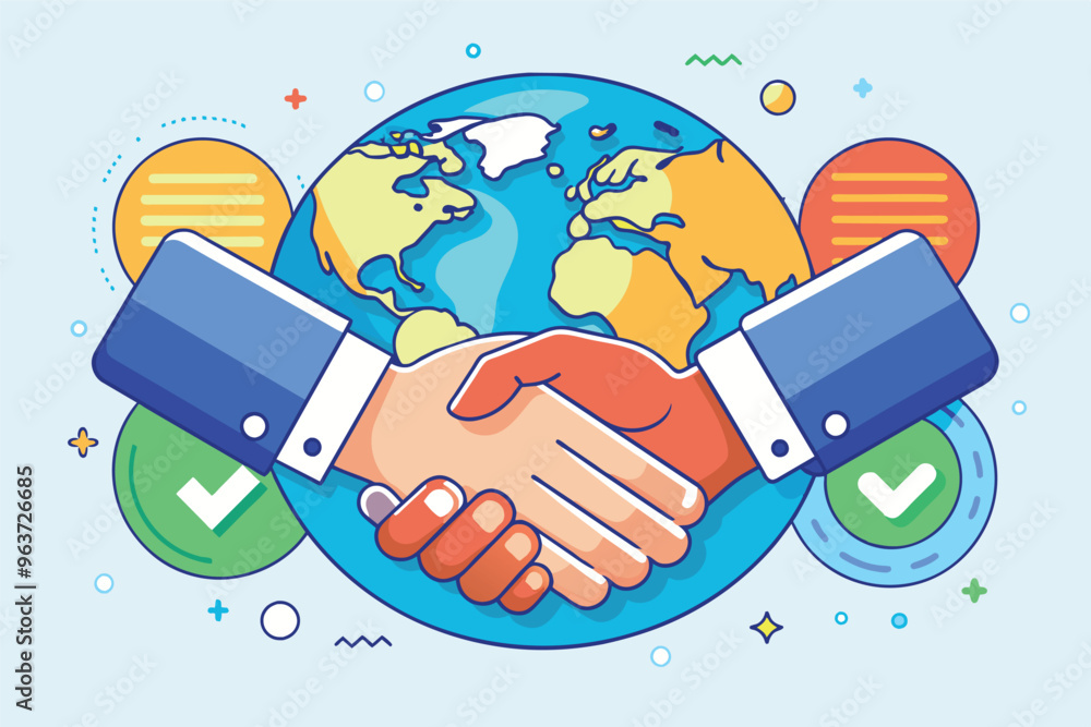Aufkleber global collaboration illustrated by a handshake over a colorful world map with symbols of agreement 