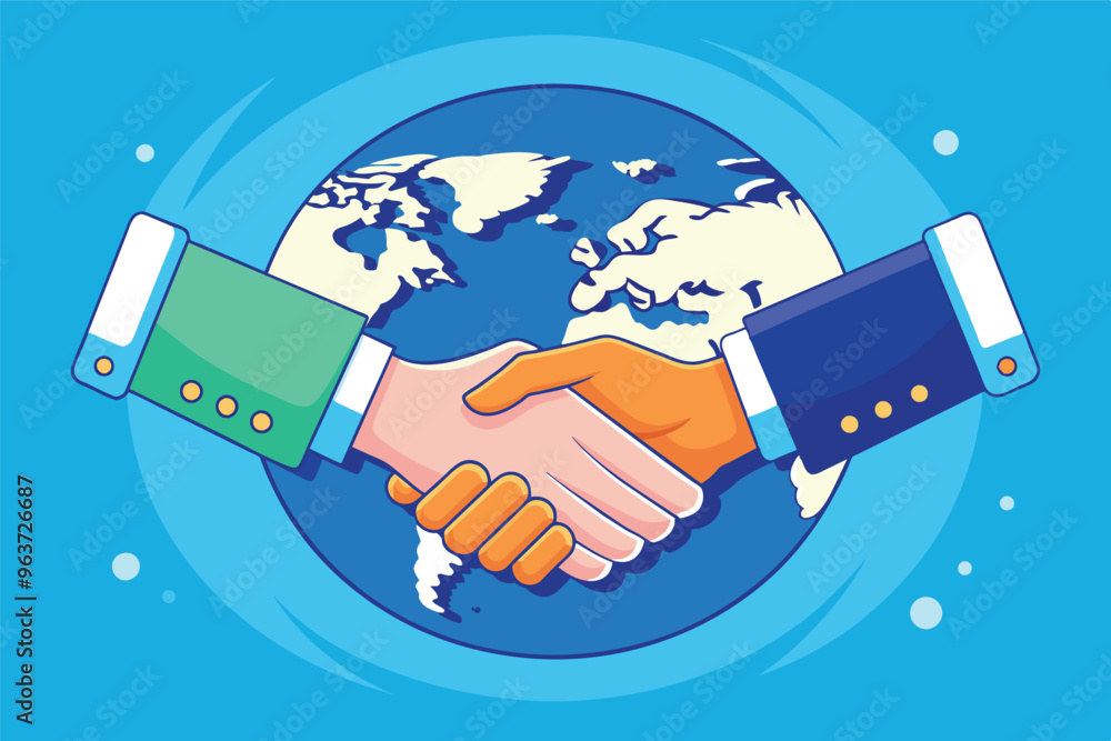 Aufkleber global collaboration illustrated by a handshake over a colorful world map with symbols of agreement 