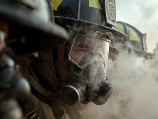 Fototapeta premium Heroic firefighter: brave fireman demonstrating courage, determination in face of danger, embodying strength, dedication required to protect lives, property during critical emergency situations.