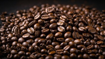 Fototapeta premium A detailed close-up of dark roasted coffee beans piled together, showcasing their rich texture and glossy surface in warm lighting. 