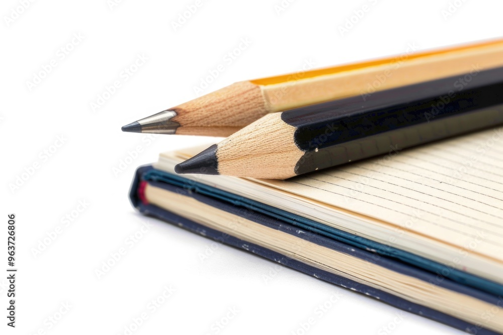 Poster a stack of colorful pencils resting on top of a blank notebook