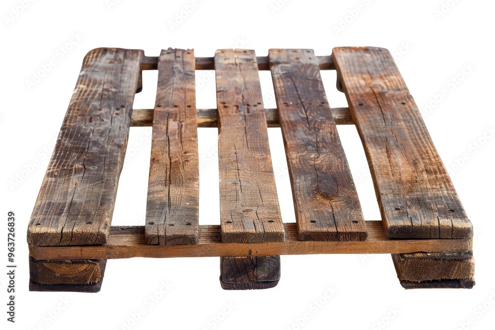 Poster a close-up view of a wooden pallet on a white background, ideal for use in packaging design or rusti