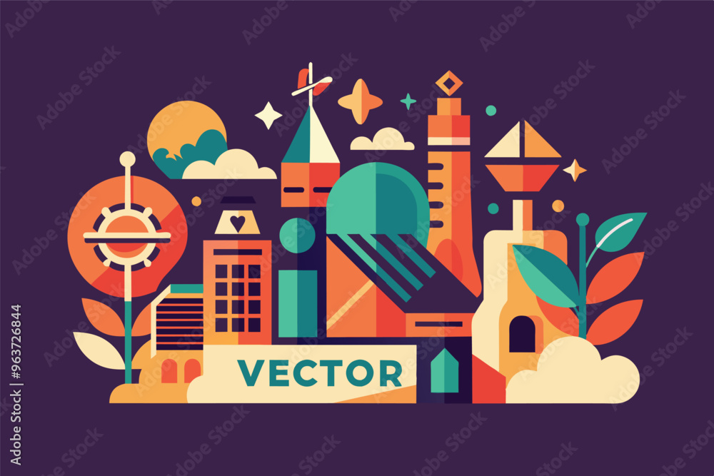 Poster colorful vector illustration representing various elements of design, technology, and creativity, fe