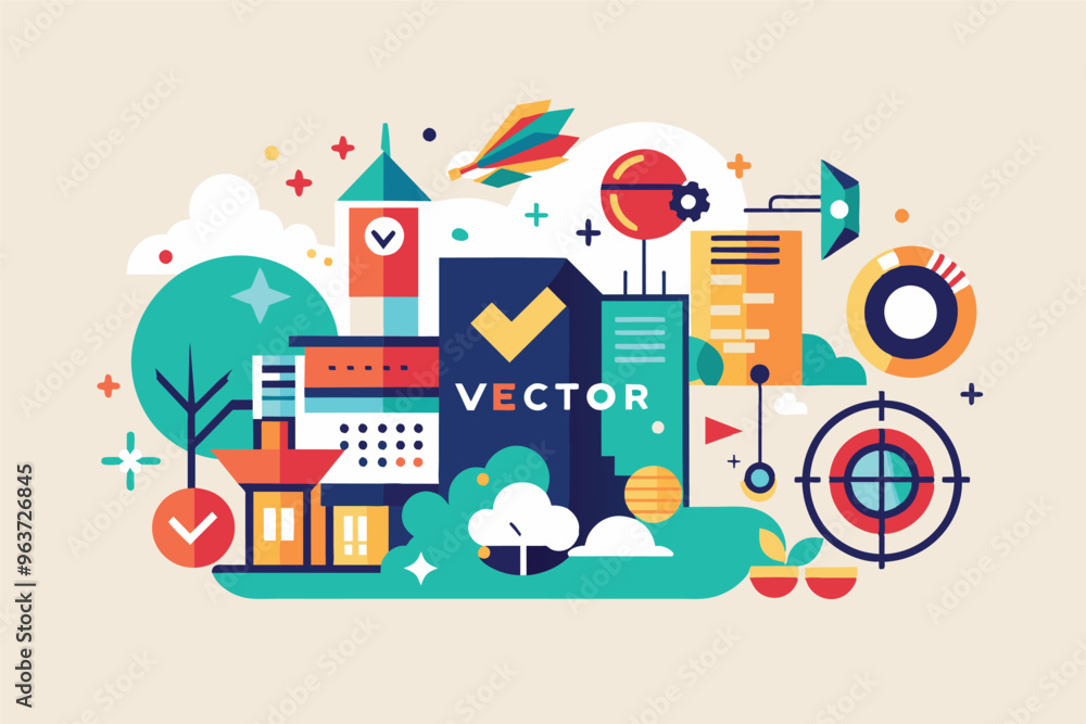 Poster colorful vector illustration representing various elements of design, technology, and creativity, fe