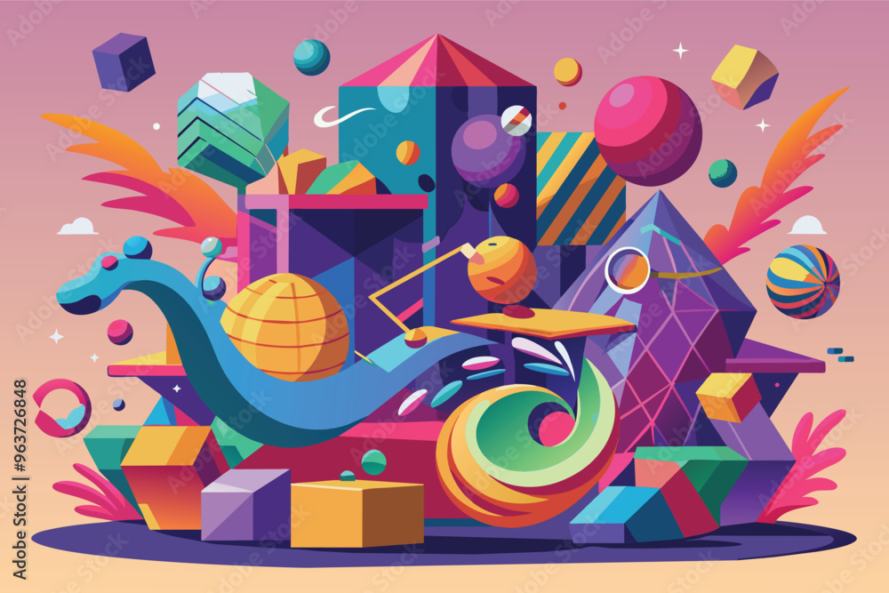 Aufkleber colorful abstract composition featuring geometric shapes, whimsical elements, and playful forms crea