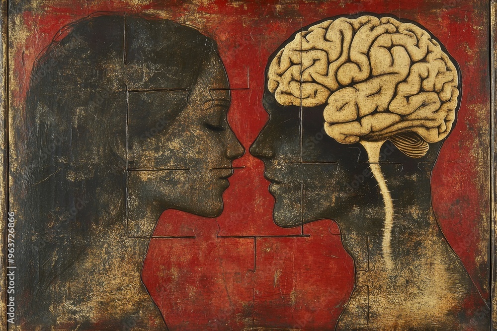 Poster mental capability neural tissue abstract art of two human profiles with interconnected brains symbol