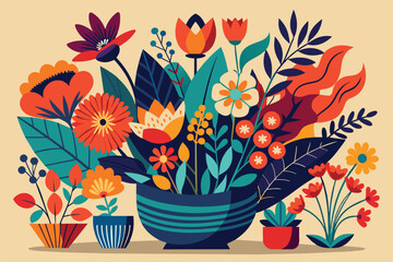 A vibrant floral arrangement featuring a variety of colorful flowers and leaves on a soft beige background, celebrating nature's beauty and diversity