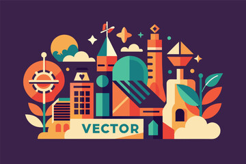 Fototapeta premium Colorful vector illustration representing various elements of design, technology, and creativity, featuring building icons, trees, and abstract shapes