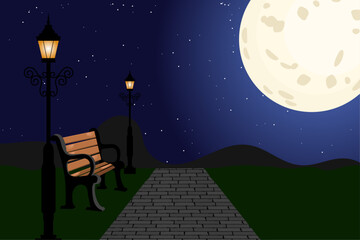 Fototapeta premium City park with bench landscape empty public place for walking with moon and Streetlights lamppost