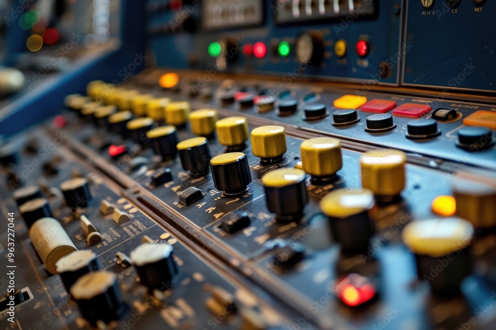 Poster close up shot of a control panel with multiple knobs and controls
