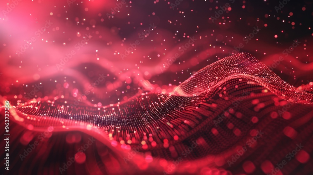 Poster a red background featuring a wavy pattern with dots