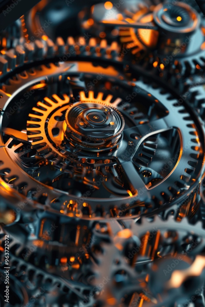 Poster a close-up view of a clock's inner mechanisms, featuring intricate gears and machinery