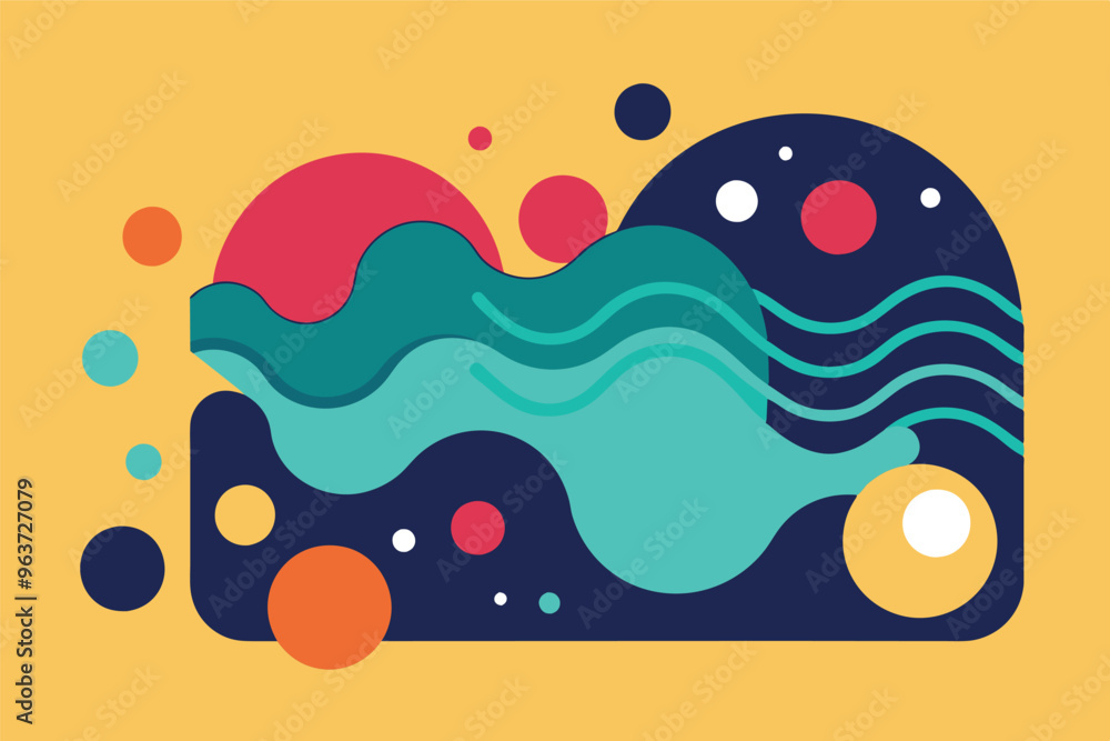 Poster Colorful abstract design featuring vibrant waves and circular shapes against a bright yellow background, creating a playful visual composition