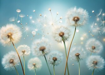 Obraz premium Soft, feathery tufts of dandelion seeds, blown by the wind, creating a whimsical, dreamy pattern, set against a pale blue background with a subtle gradient.