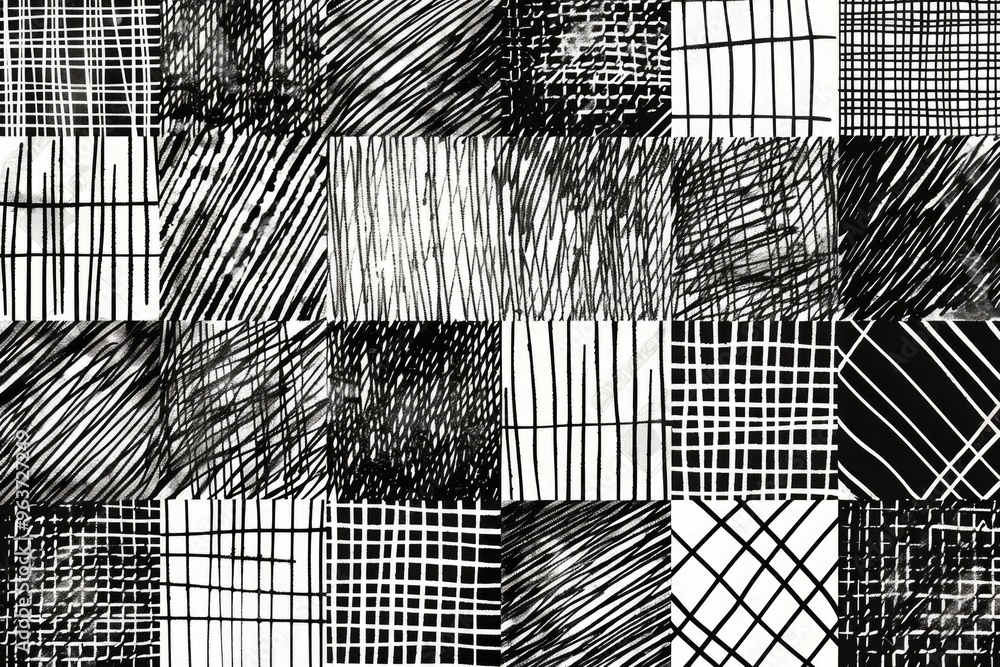 Poster a minimalist design featuring interconnected squares and lines in a black and white composition