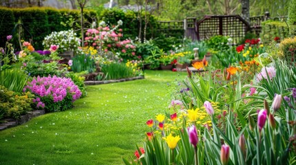 Obraz premium Lush Spring Garden with Vibrant Flowers