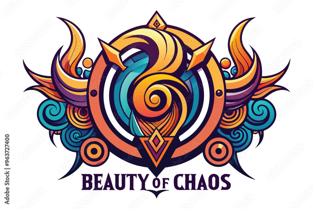 Poster an intricate geometric design featuring vibrant colors and swirling patterns, embodying the concept 
