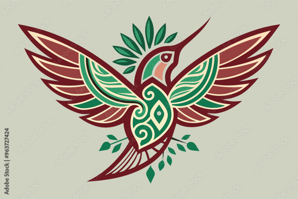 Poster a vibrant hummingbird illustrated with intricate patterns and colors perched on a branch against a s