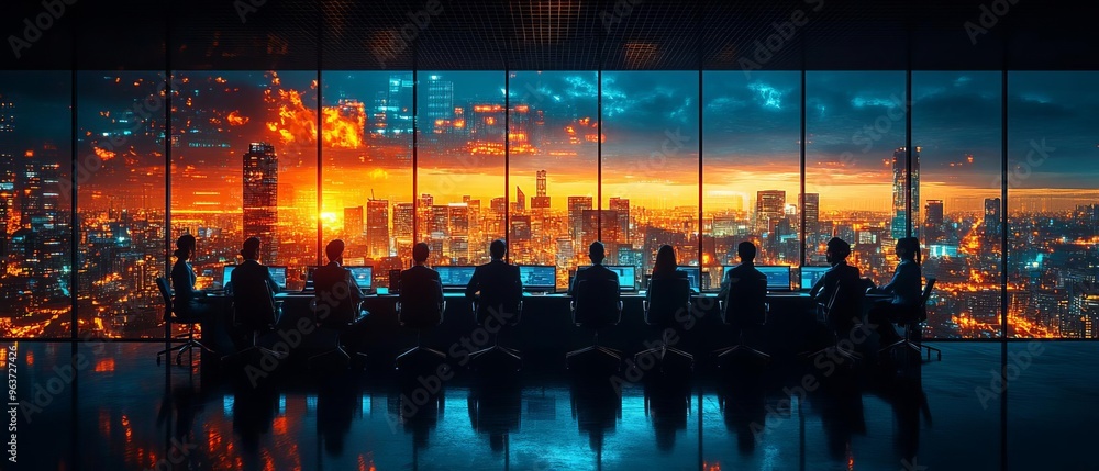 Poster a digital transformation team meeting in a modern office, discussing cybersecurity solutions with a 