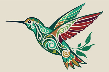 Obraz premium A beautifully detailed illustration of a stylized hummingbird with intricate patterns and vibrant colors, showcasing the elegance of this small bird in flight