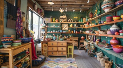 Naklejka premium Vibrant Arts and Crafts Shop with Handmade Decorations