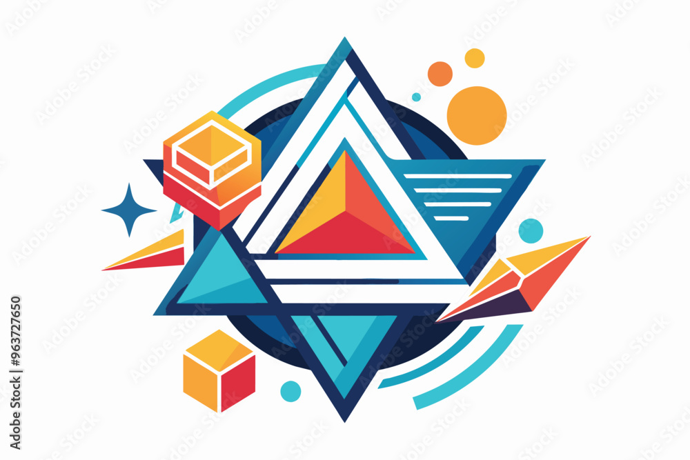 Fototapete abstract geometric design featuring colorful shapes and patterns, including triangles and cubes in v