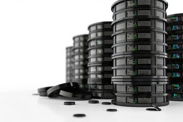 A collection of black and green computer towers stacked together, ideal for tech or office settings