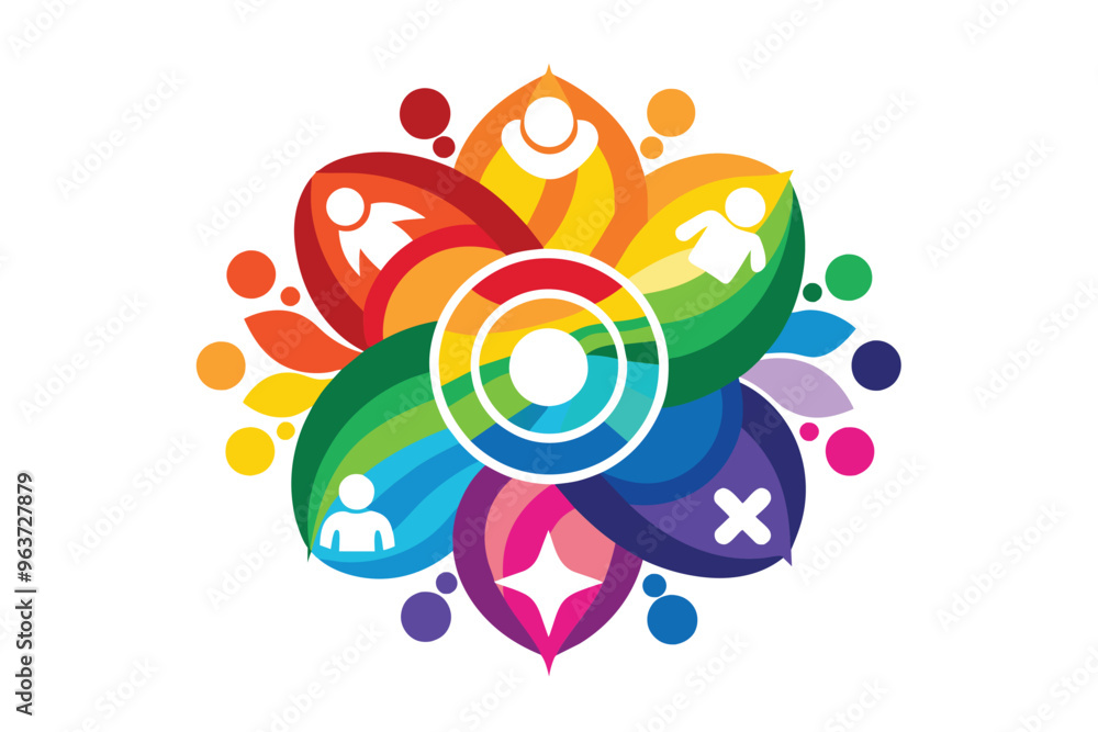 Poster a vibrant, multicolored mandala design featuring symbolic figures and shapes representing inclusion,
