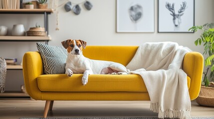 Cozy Living Room with a Dog Lounging on a Sofa