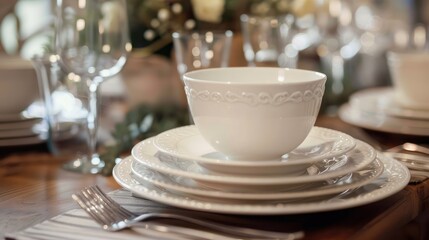 Fototapeta premium Elegant Table Setting with Fine White Dinnerware
