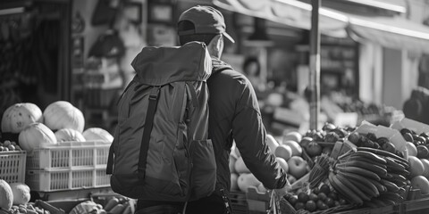 A person carrying a backpack walks through a busy market scene