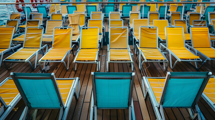 Naklejka premium Rows of empty deck chairs lined up neatly on a cruise ship deck under blue sky.