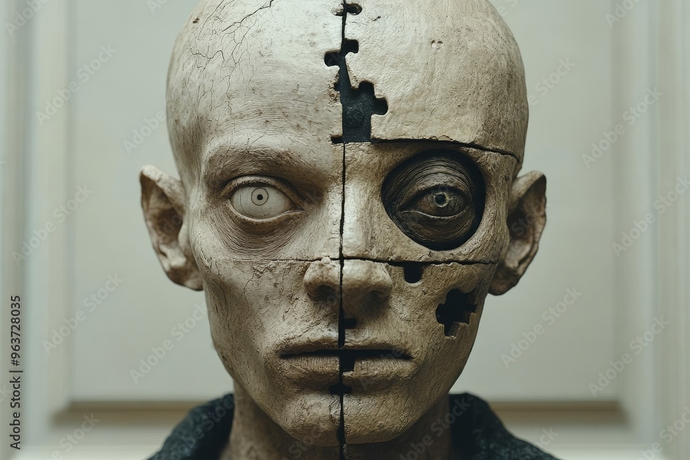 Poster neural agility synaptic network digital sculpture of a human head with cracked puzzle pieces symboli
