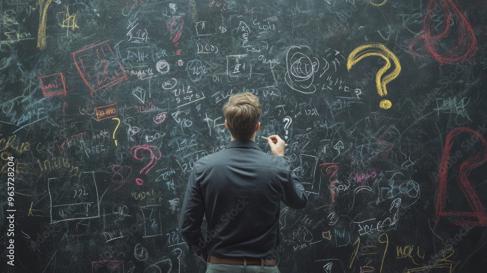 Poster a focused man stands confidently at a large blackboard filled with notes and diagrams, methodically 