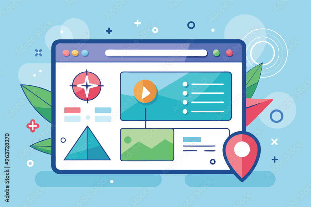 Poster A modern user interface design featuring interactive elements on a laptop surrounded by abstract shapes and vibrant greenery, giving a fresh vibe