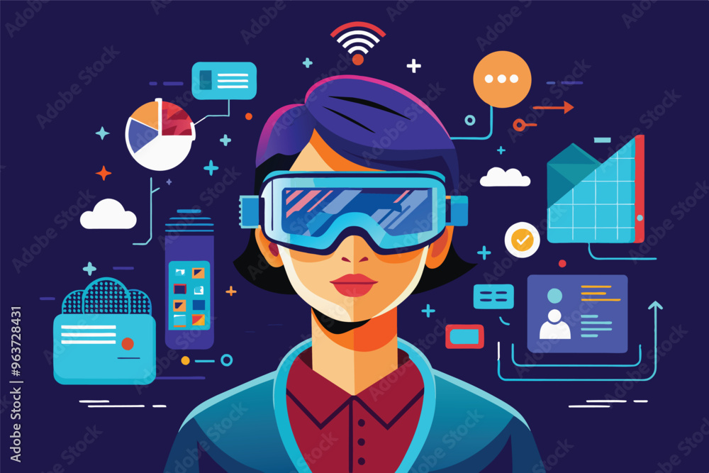 Poster A young person wearing virtual reality goggles is immersed in a digital environment filled with data visuals, charts, and futuristic graphics, reflecting innovation and technology