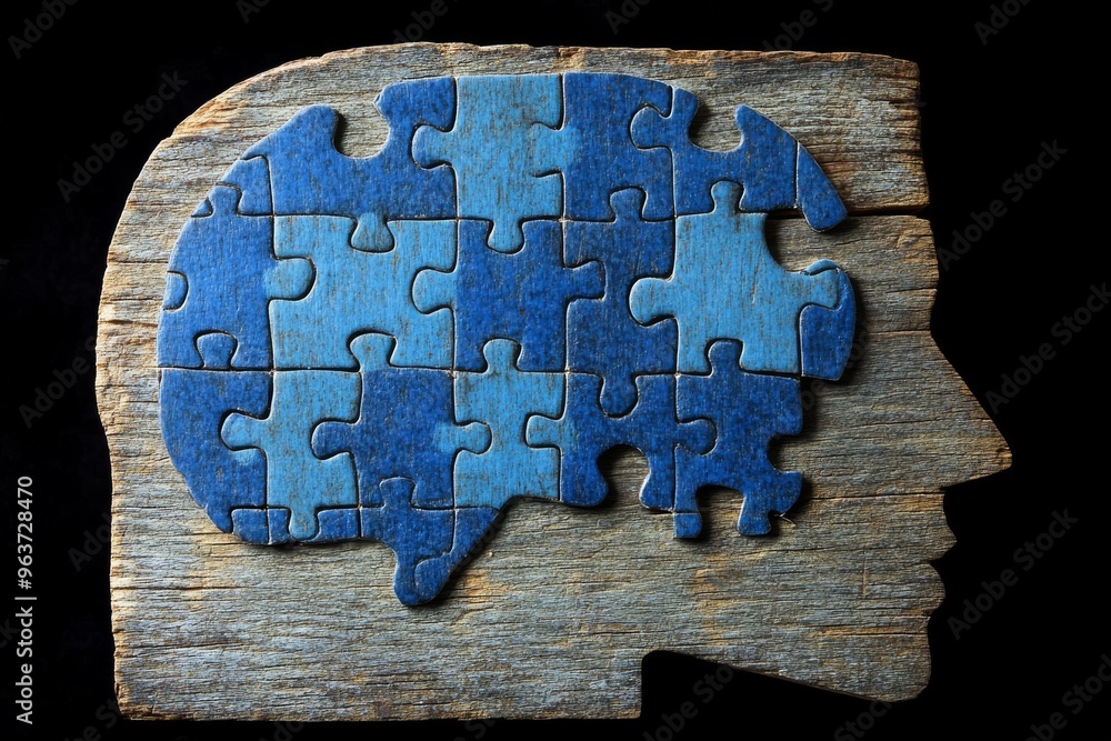 Aufkleber mental resilience synaptic network wooden puzzle of a human head symbolizing problem solving cogniti