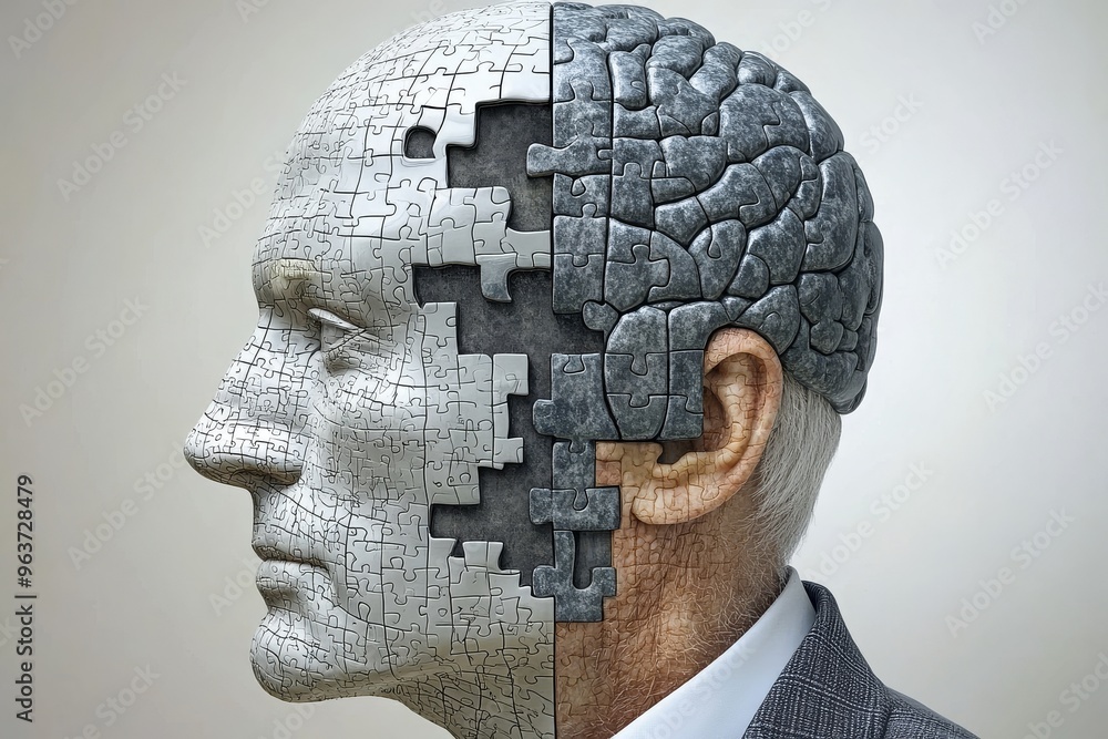 Poster cognitive potential synaptic network profile of a stone sculpture with puzzle pieces removed symboli