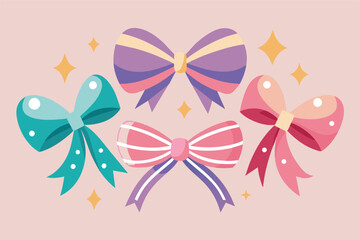 Colorful bows and hats in a festive design with pastel colors and sparkling stars create a cheerful atmosphere, perfect for celebration and decoration