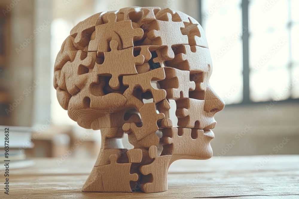 Poster brain resilience synaptic network wooden puzzle sculpture of a head symbolizing craftsmanship intell