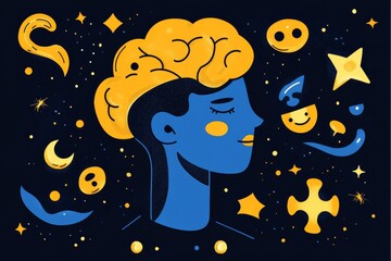 Naklejka premium Neural resilience Synaptic network Blue and yellow illustration of a woman with cosmic symbols and floating brain symbolizing imagination creativity and intellectual freedom