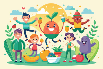 Colorful cartoon characters celebrating healthy eating in a vibrant garden filled with fruits and vegetables during a sunny day
