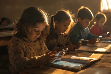 Children using mobile devices, perfect for technology-related concepts or stories about youth