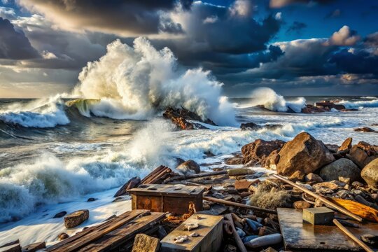 stormy sea with waves crashing against a rocky shore, surrounded by debris and wreckage to portray natural chaos and destruction