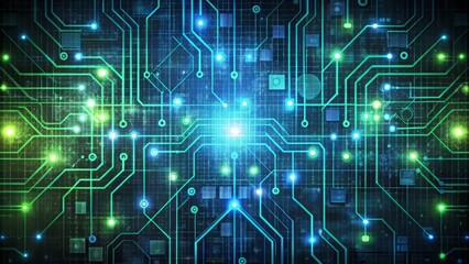 A futuristic digital pattern showcasing stylized binary code and circuitry, rendered in bright green and blue hues, on a dark gray background with subtle texture and noise.