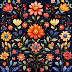 Geometric ornate floral motifs in a vibrant folk art design background