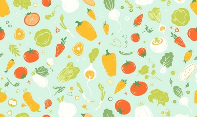 Seamless Pattern of Simple Line Art Vegetables on White Background 