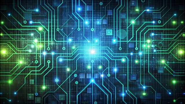 A futuristic digital pattern showcasing stylized binary code and circuitry, rendered in bright green and blue hues, on a dark gray background with subtle texture and noise.
