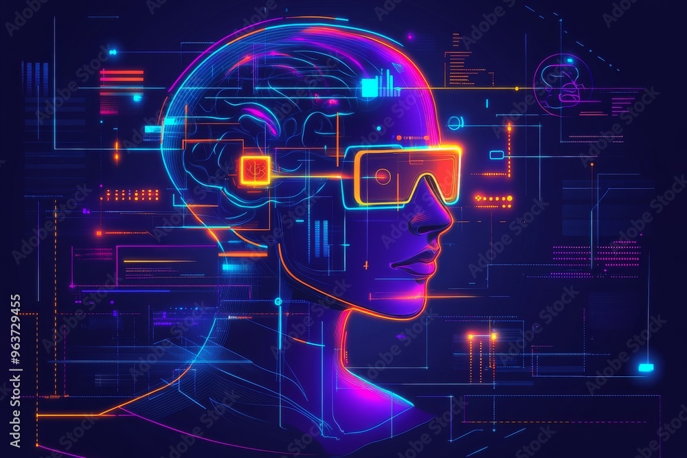 Poster neural horsepower synaptic network futuristic neon glowing profile with cyber elements symbolizing d